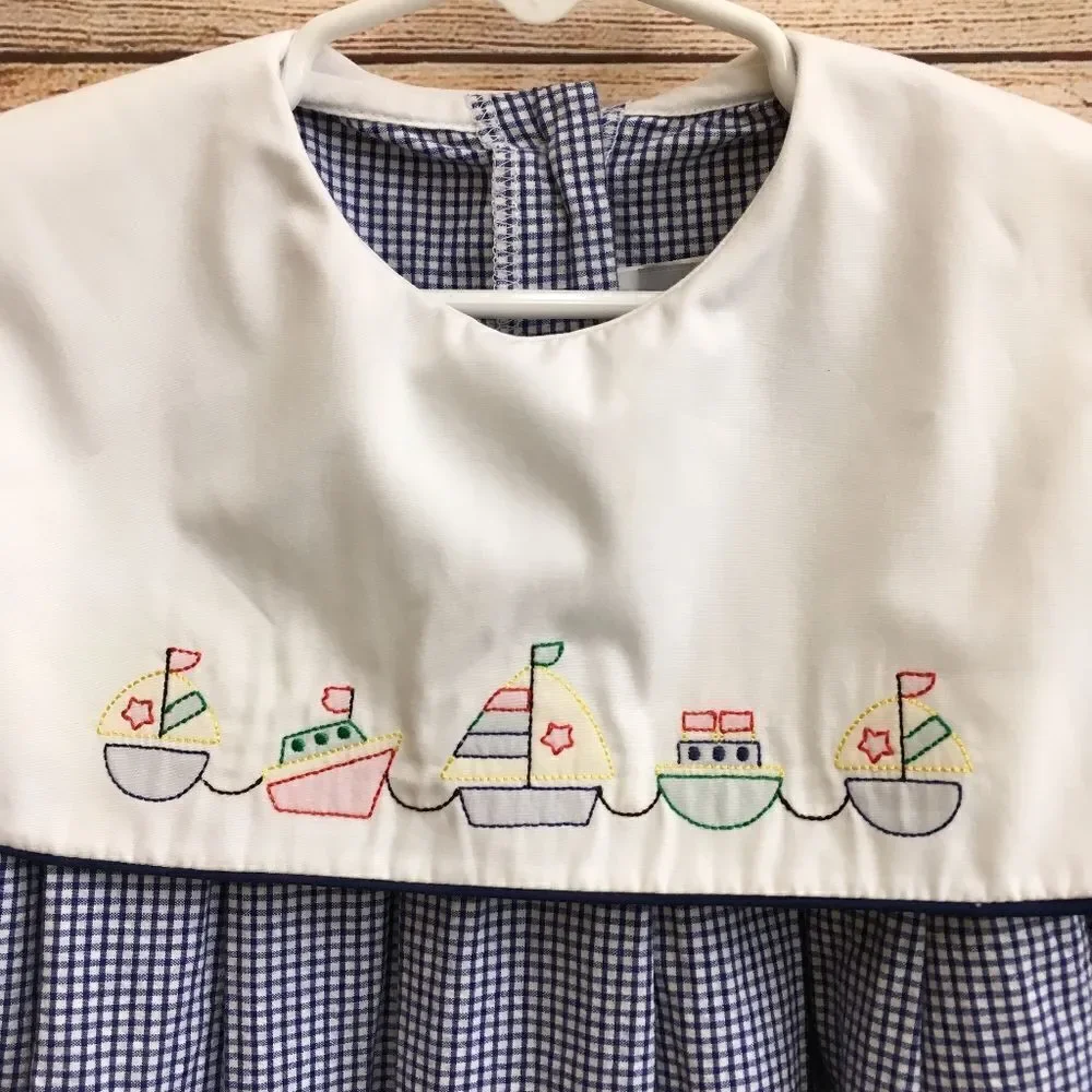 VINTAGE JUDY LYNN EMBROIDERED DRESS‎ IN BLUE AND WHITE GINGHAM